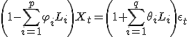 \left(1 - \sum_{i=1}^p \varphi_i L_i \right) X_t = \left(1 + \sum_{i=1}^q \theta_i L_i \right) \epsilon_t